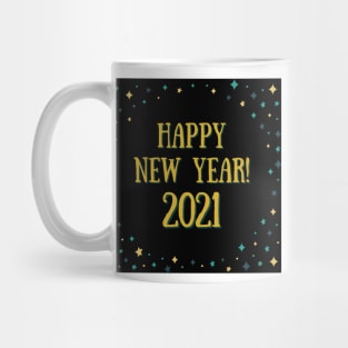 happy new year! 2021 holiday blue teal gold yellow stars pattern Mug